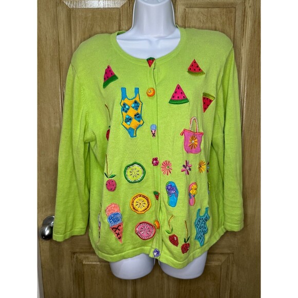Jack B. Quick Summertime Theme Embroidered Beaded Cardigan Sweater XL - Picture 1 of 7